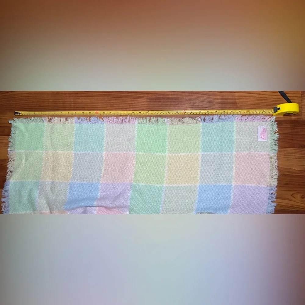 Baby Blanket Three Weavers Pastel Pink Blue Green Squares Acrylic Fringe Vintage